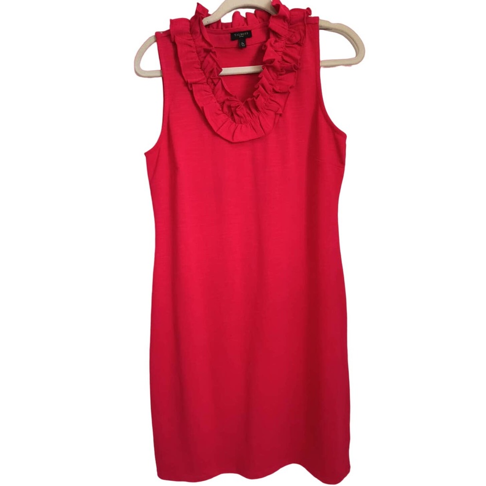Talbots Petites Sheath Dress Women's Size MP Red Sleeveless Ruffle V -neck Knit